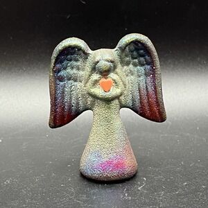 Signed Jeremy Diller Spirit Angel Raku Pottery Iridescent Teal W/ Red Love Heart